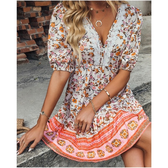 Bellanblue Dresses & Skirts - Bohemian Orange Floral Print Lace Puff Sleeve Mini Dress